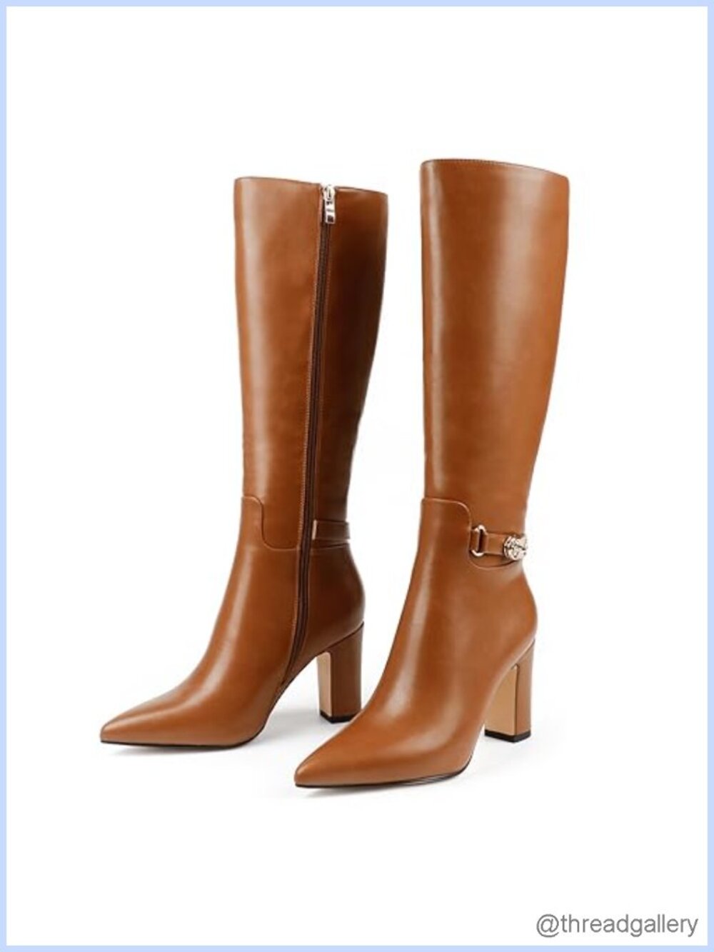 Faux Leather Knee High Boots Block Heel Pointed Toe Tall